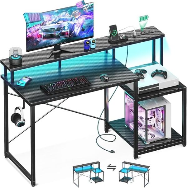 47 inch Gaming Desk with Lights and Power Outlets Storage Shelves